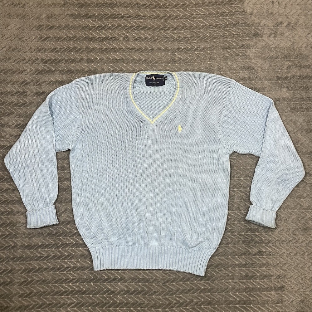 Vtg Ralph Lauren Knitted Pullover Sweater Tennis Men Medium Cotton 90s V Neck